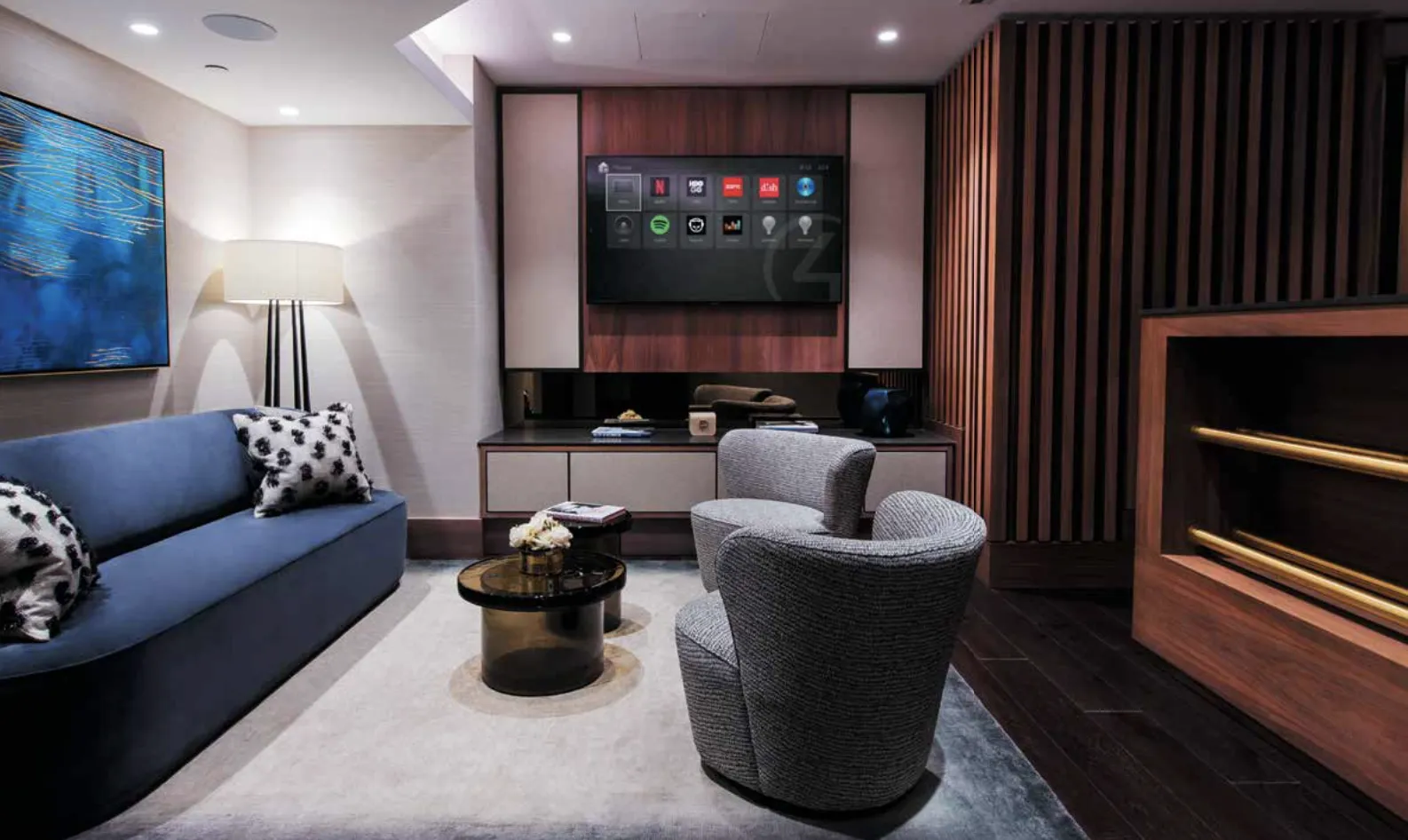 Control4 on a TV screen in a seating area